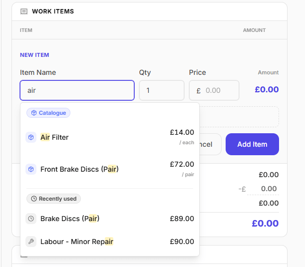 A jobsheet line showing autocomplete suggestions with a Catalogue badge above a Recently used item