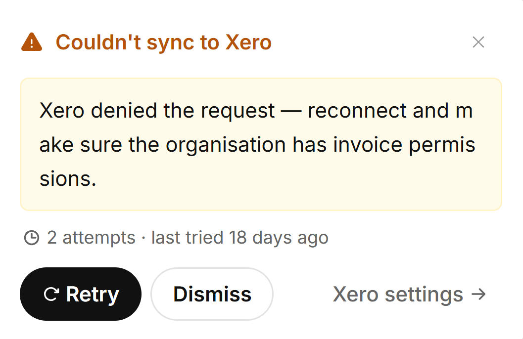 Xero sync failure card with retry, dismiss, and settings actions