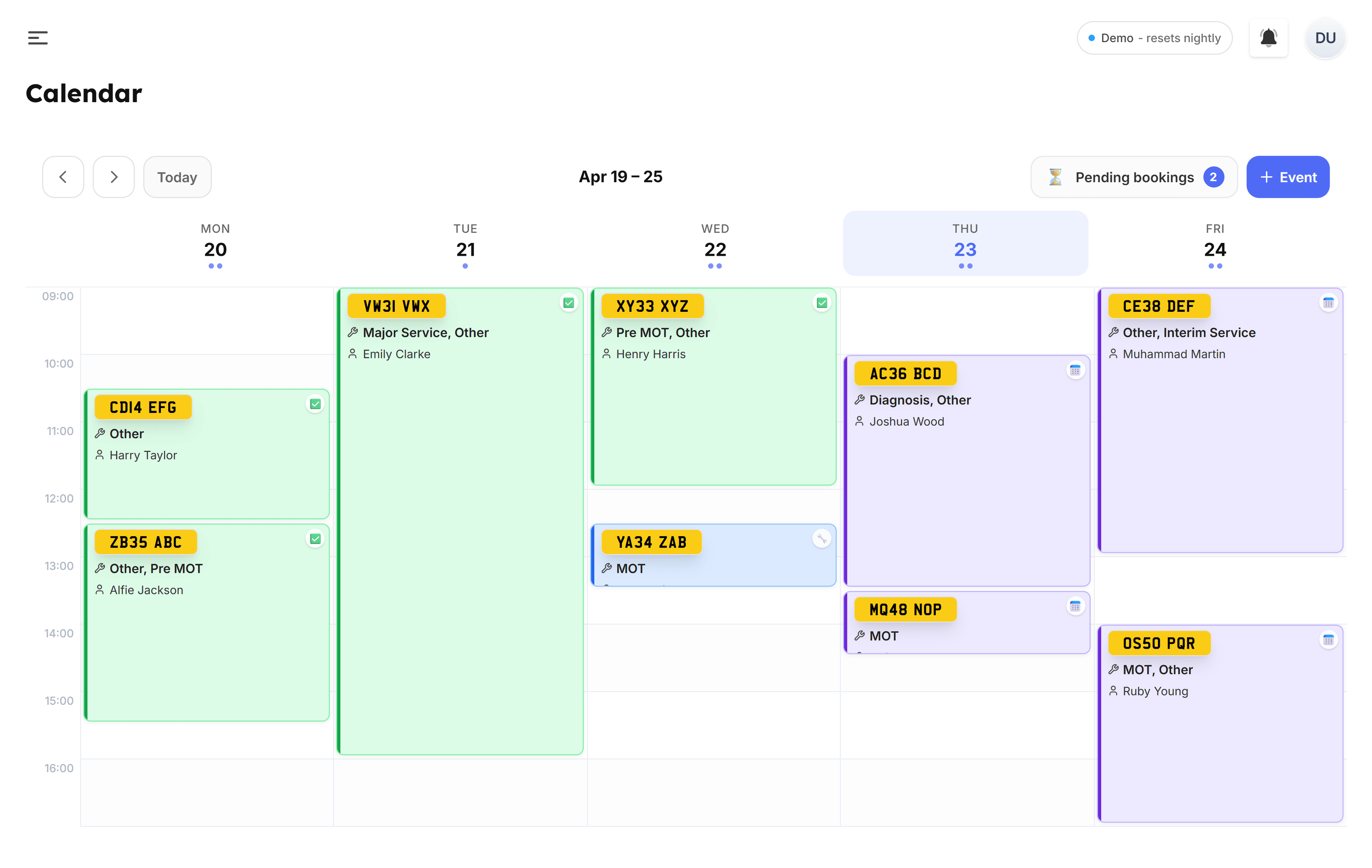 Week view calendar with colour-coded jobs and work hours overlay