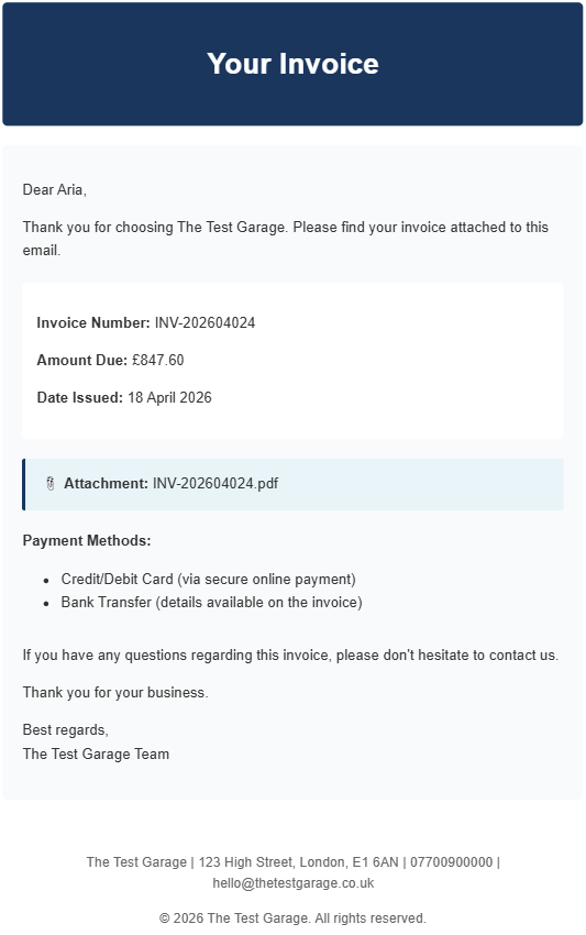 Branded invoice email with attached PDF sent to a customer