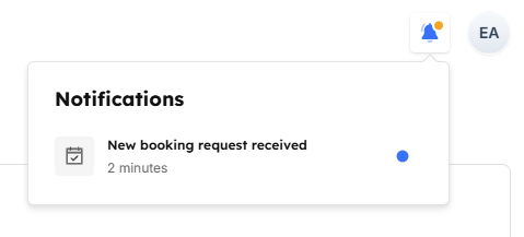 Dashboard notification bell dropdown showing a new booking alert