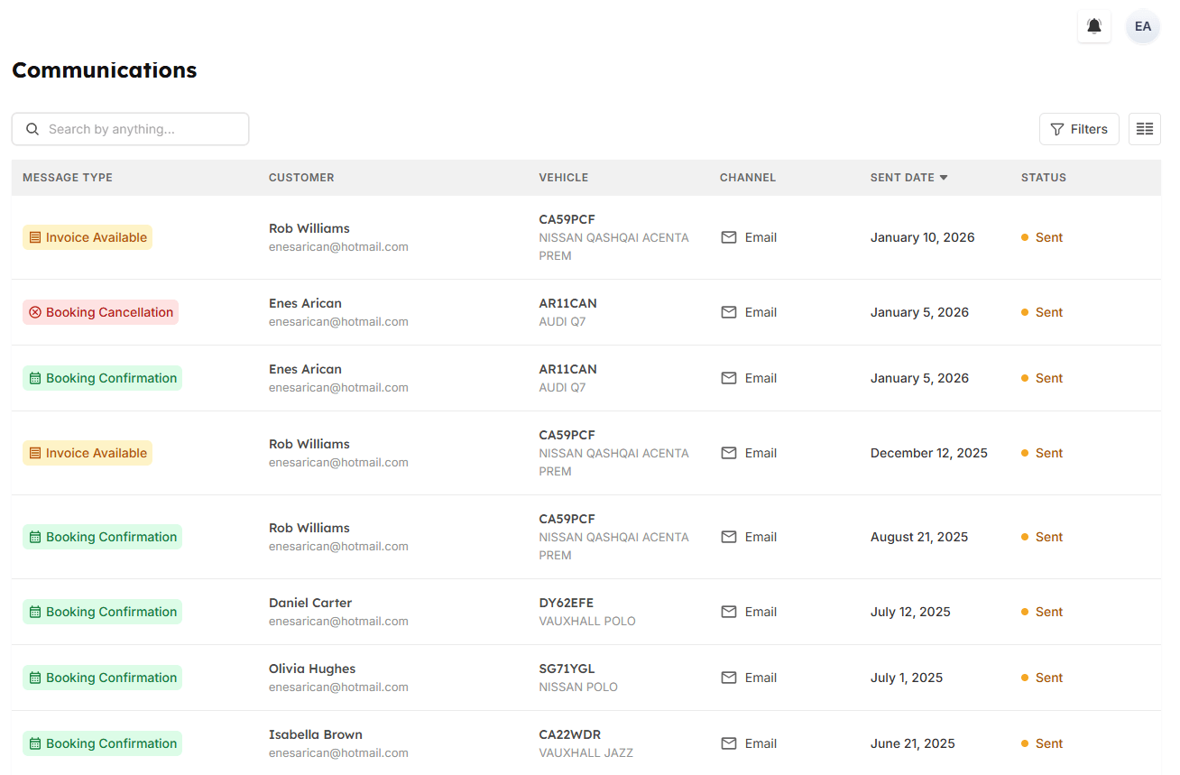 Communication log listing sent emails with delivery statuses