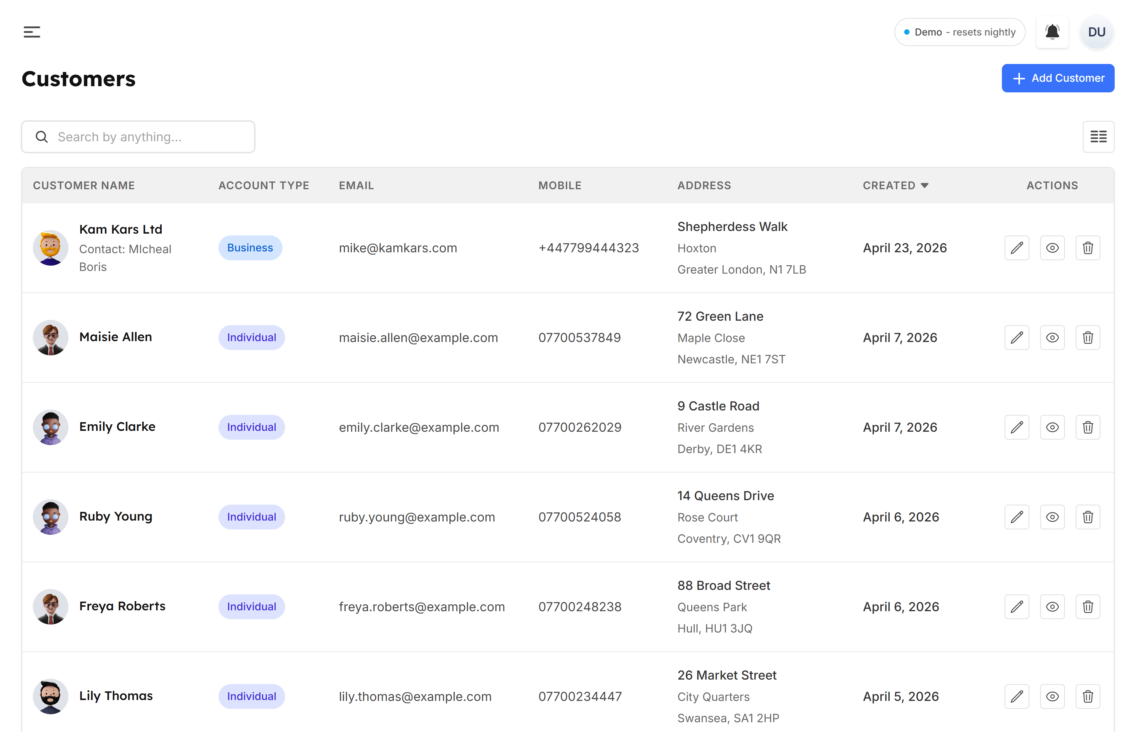 Customer list with contact details, addresses, and account types