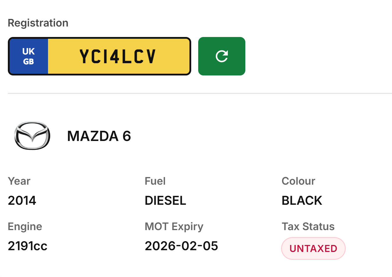Vehicle detail card showing registration lookup with make, model, MOT, and tax status