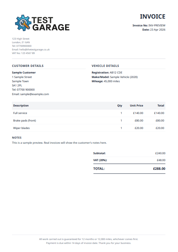 Branded PDF invoice from Garage Shift with VAT and line totals
