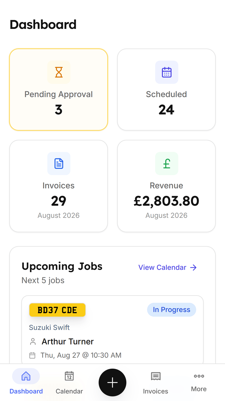 The Garage Shift dashboard on a phone showing jobs pending approval, jobs scheduled, invoices and revenue for the month, and the next upcoming jobs by registration