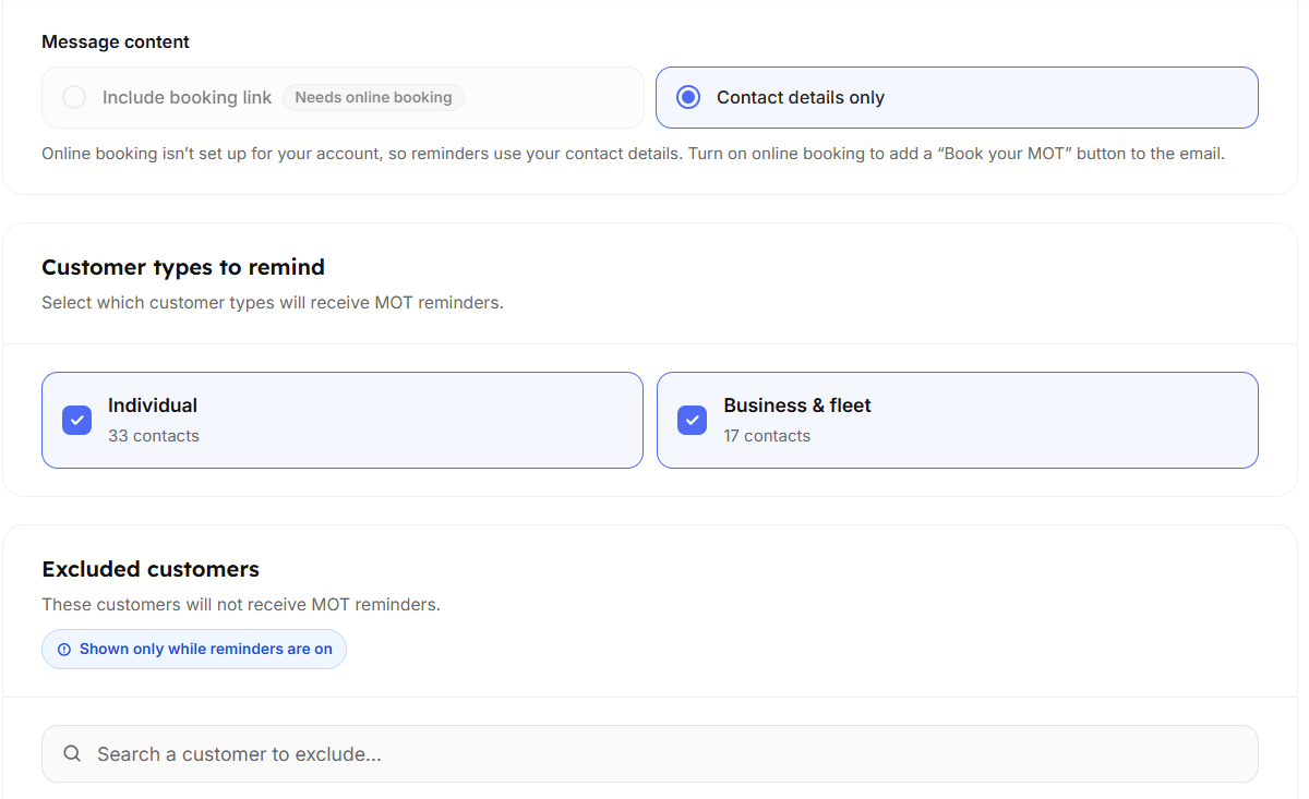 MOT reminder settings showing message content options and which customer types receive reminders