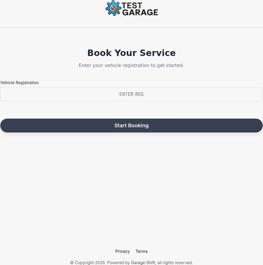 A branded Garage Shift online booking page showing services and available time slots