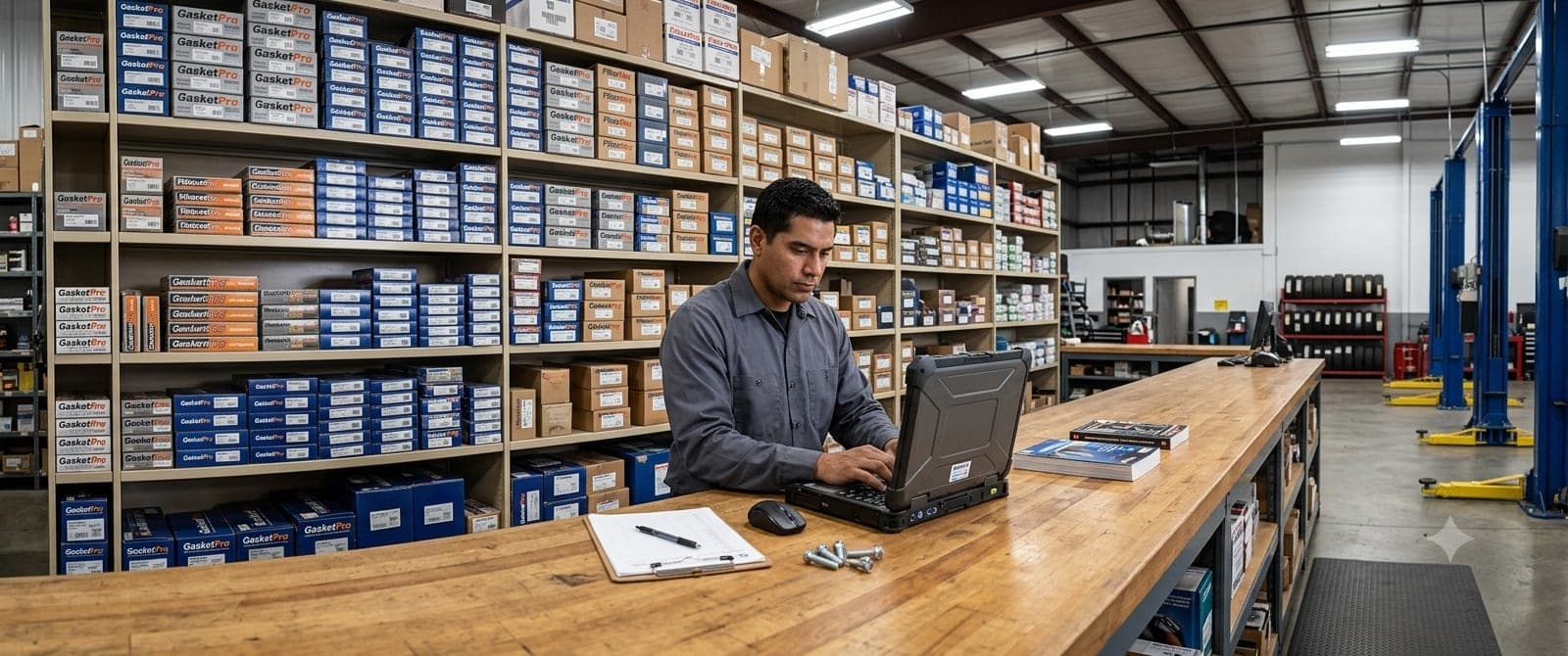 A garage parts counter with a laptop showing the Garage Shift parts inventory list