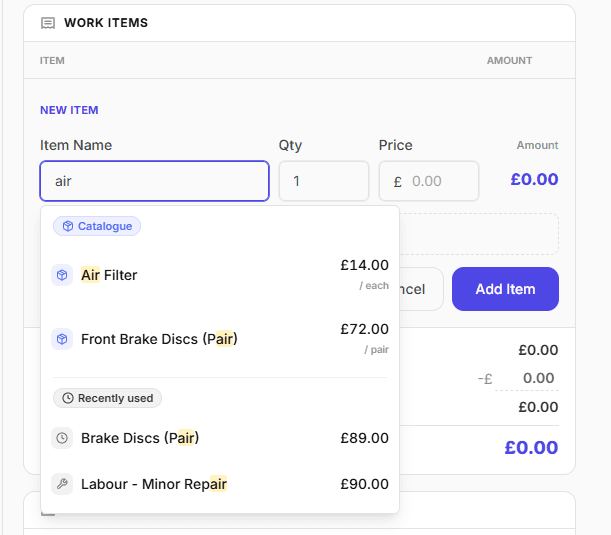 A jobsheet line showing autocomplete suggestions with a Catalogue badge above a Recently used item