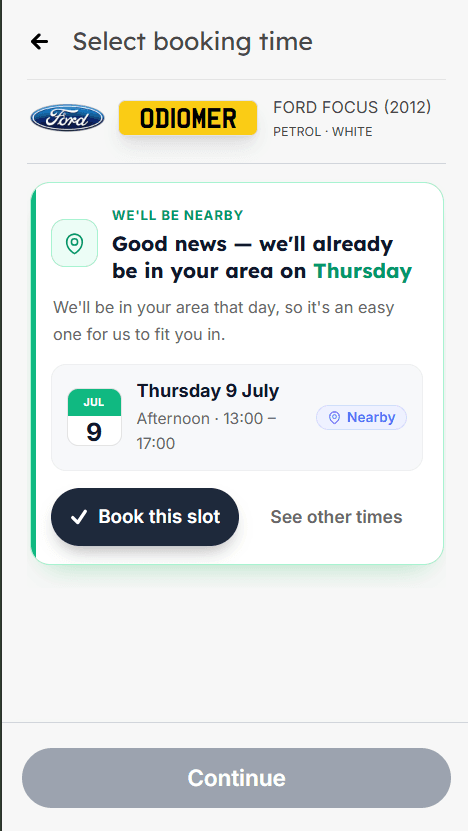 The Smart Area Match prompt on a phone during booking, reading 'Good news — we'll already be in your area on Thursday' with a recommended afternoon slot and a Book this slot button
