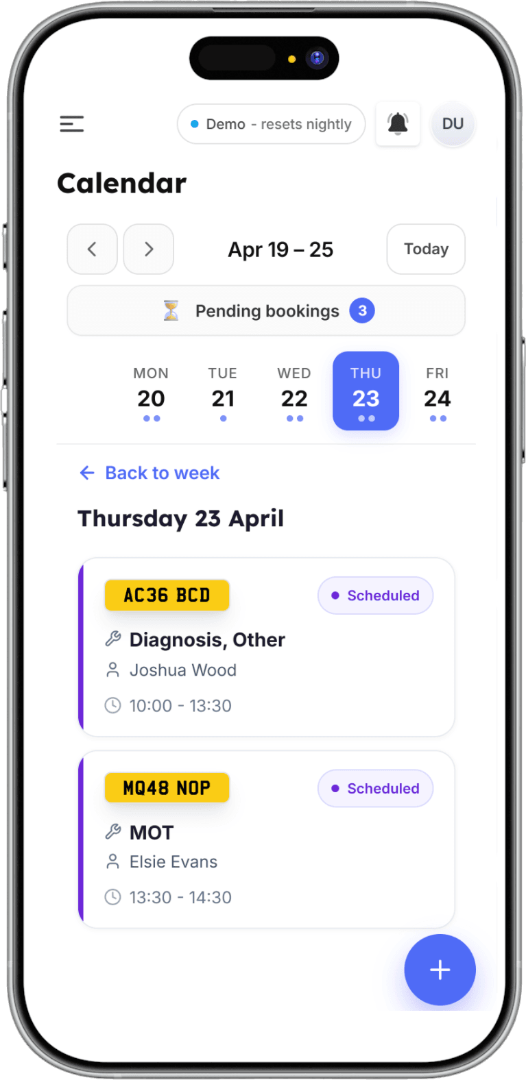 Mobile day-view calendar with swipeable event drawer