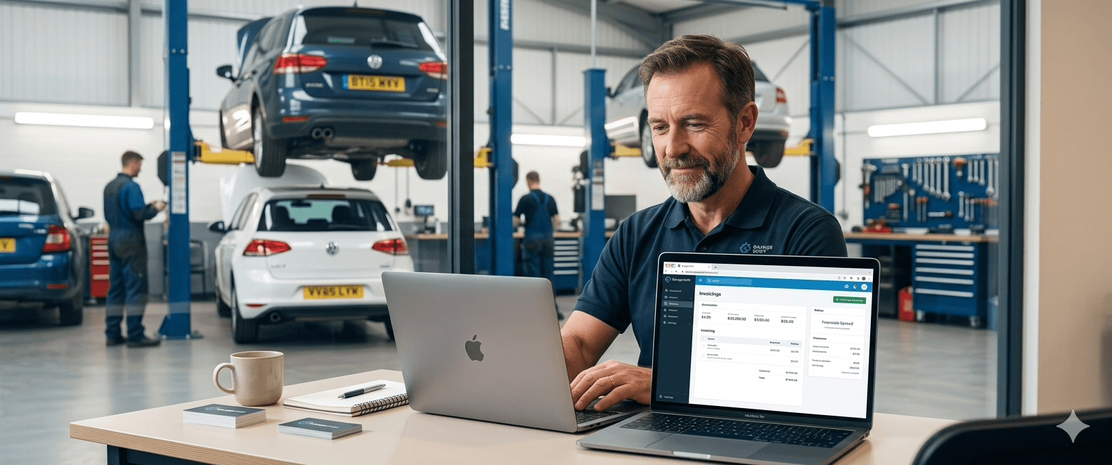 Mechanic working on a laptop at the workshop counter