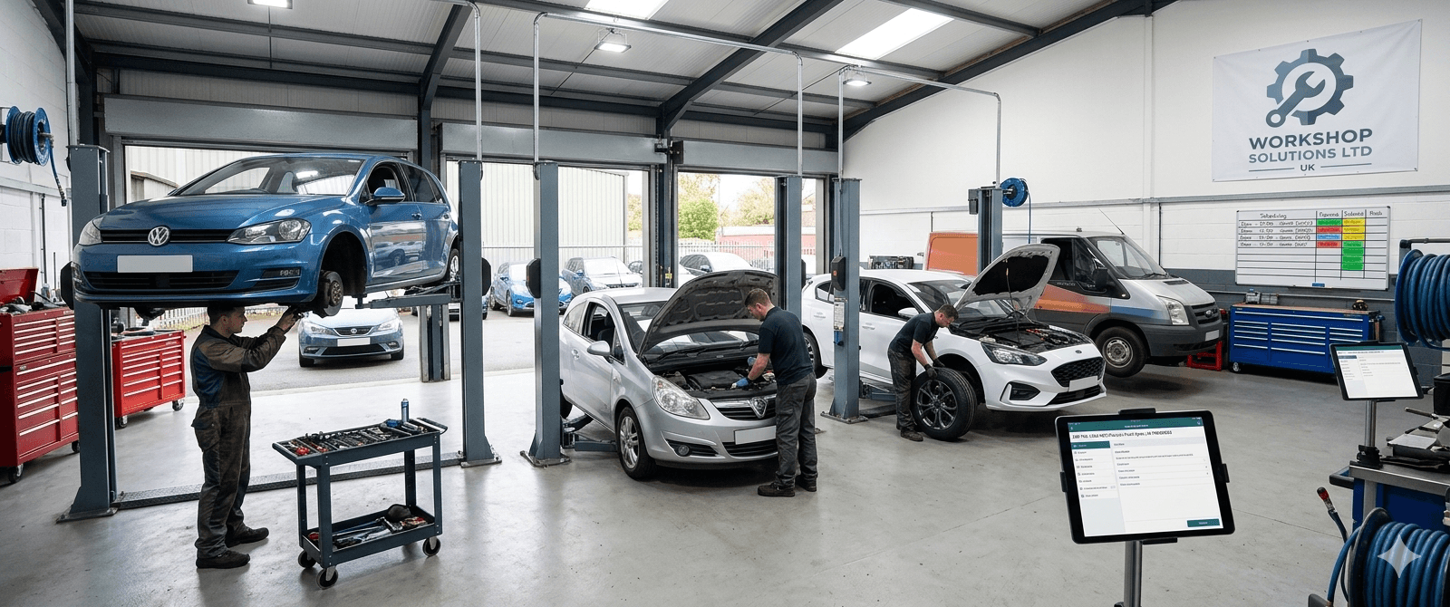 Busy workshop with mechanics working on multiple vehicles