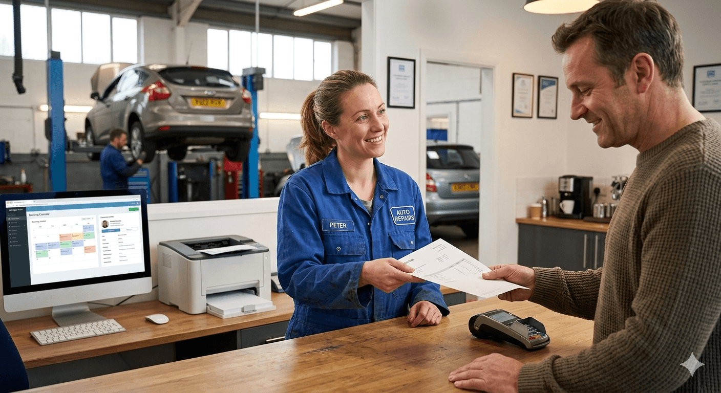Mechanic handing a printed jobsheet to a customer