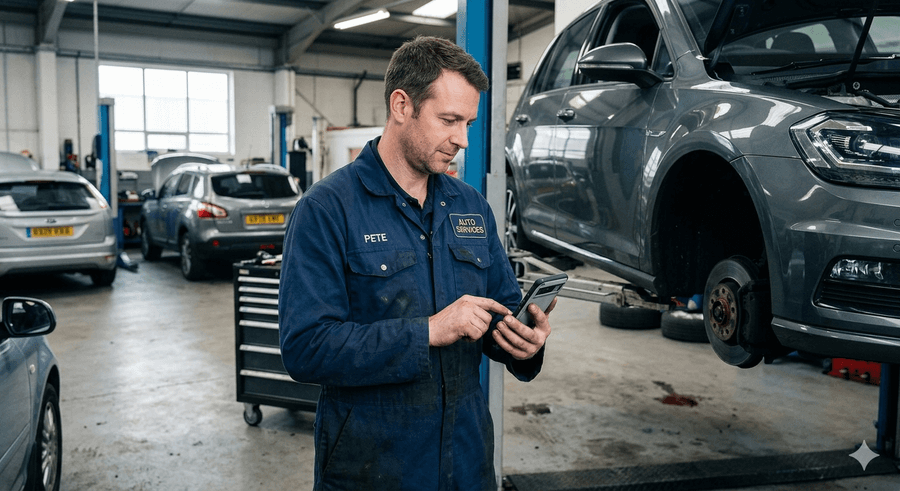 Mechanic completing a digital vehicle health check on a phone in the workshop