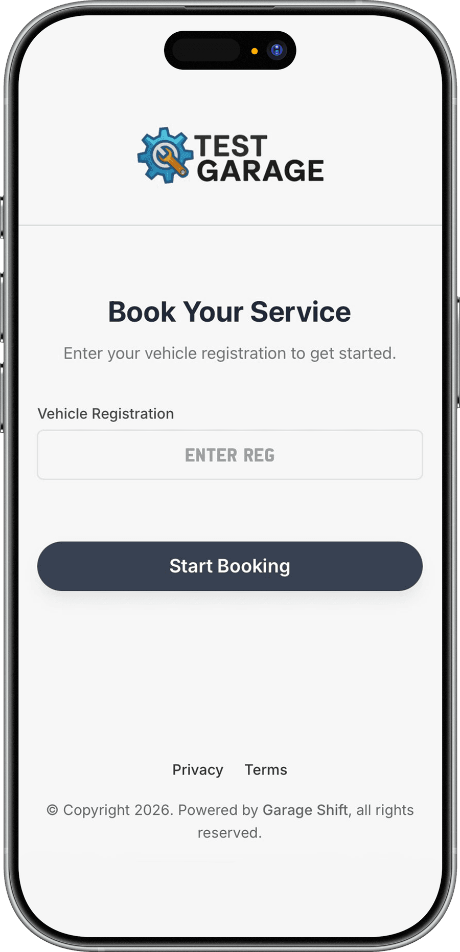 Garage Shift custom-branded online booking page on a mobile device