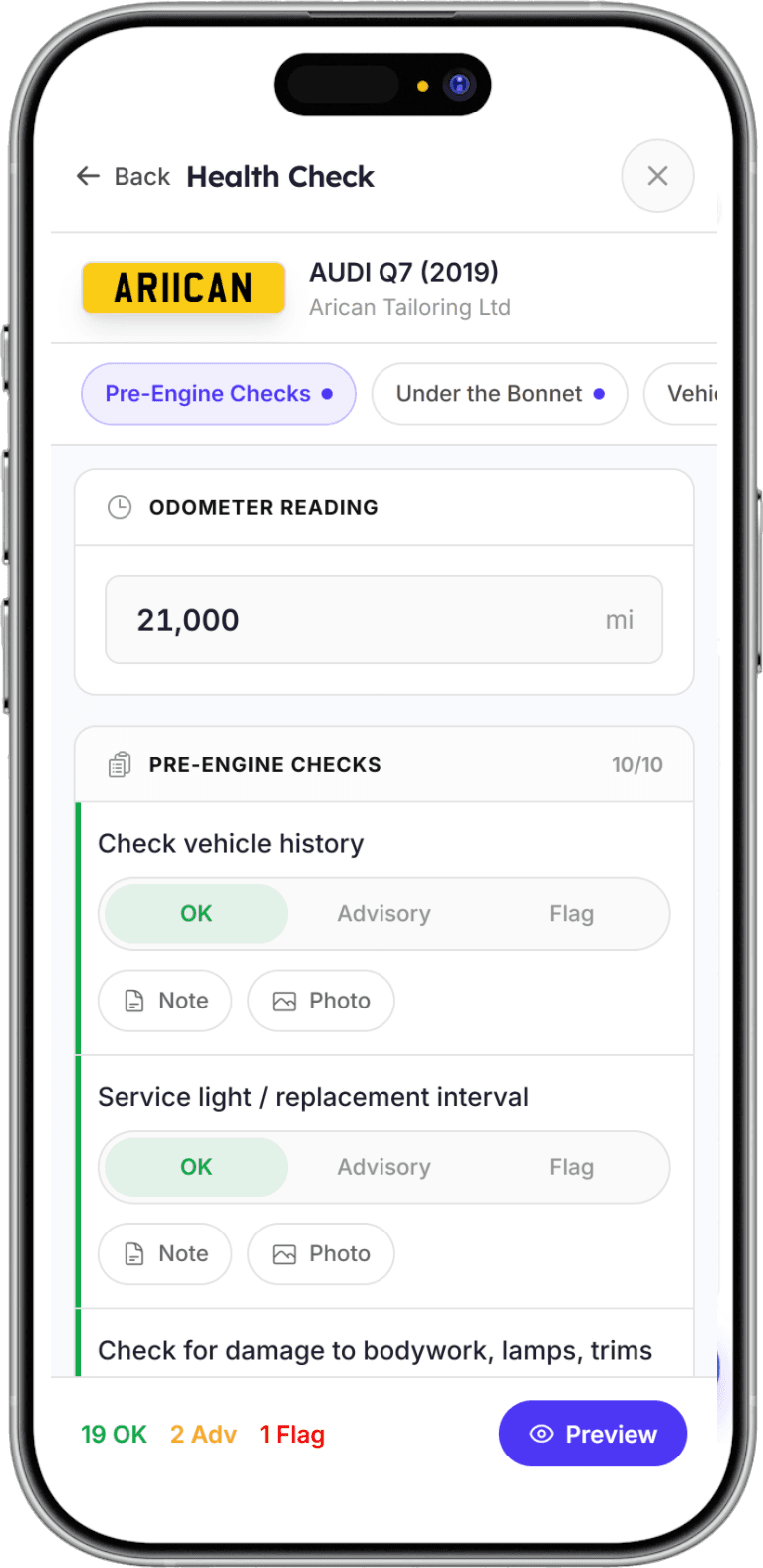 Garage Shift vehicle health check capture on a mobile phone, showing Pre-Engine Checks with OK / Advisory / Flag status options