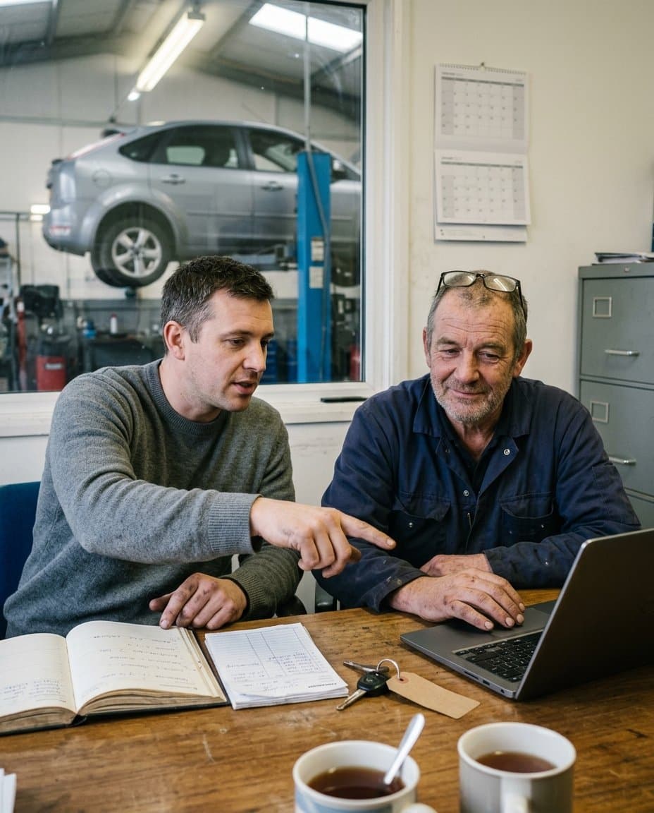 Two people at a garage office desk, one pointing at a laptop while the other, in work overalls, follows along