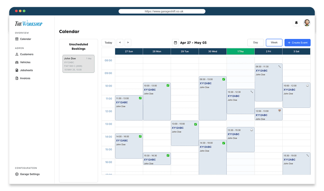 GarageShift dashboard calendar view