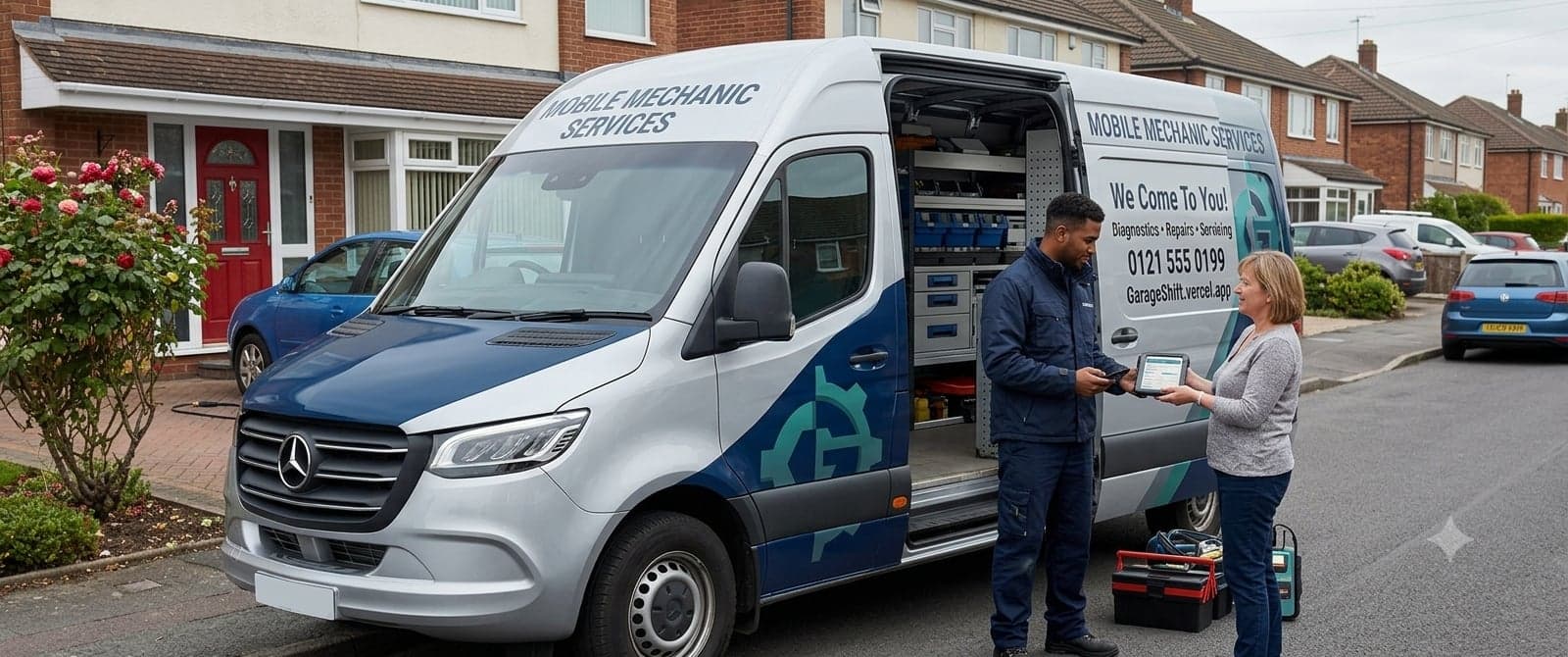 A mobile mechanic's van on a residential street with the Garage Shift booking page open on a phone