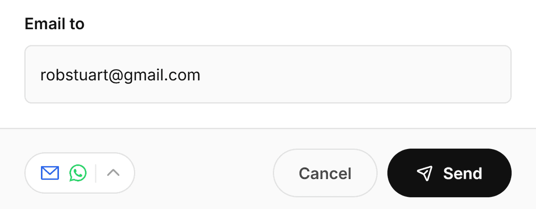 The Notify via control on a send screen, showing Email and WhatsApp toggles