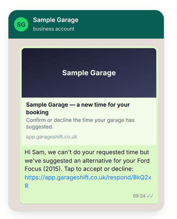 A WhatsApp conversation showing a message with a branded link preview card for a garage invoice
