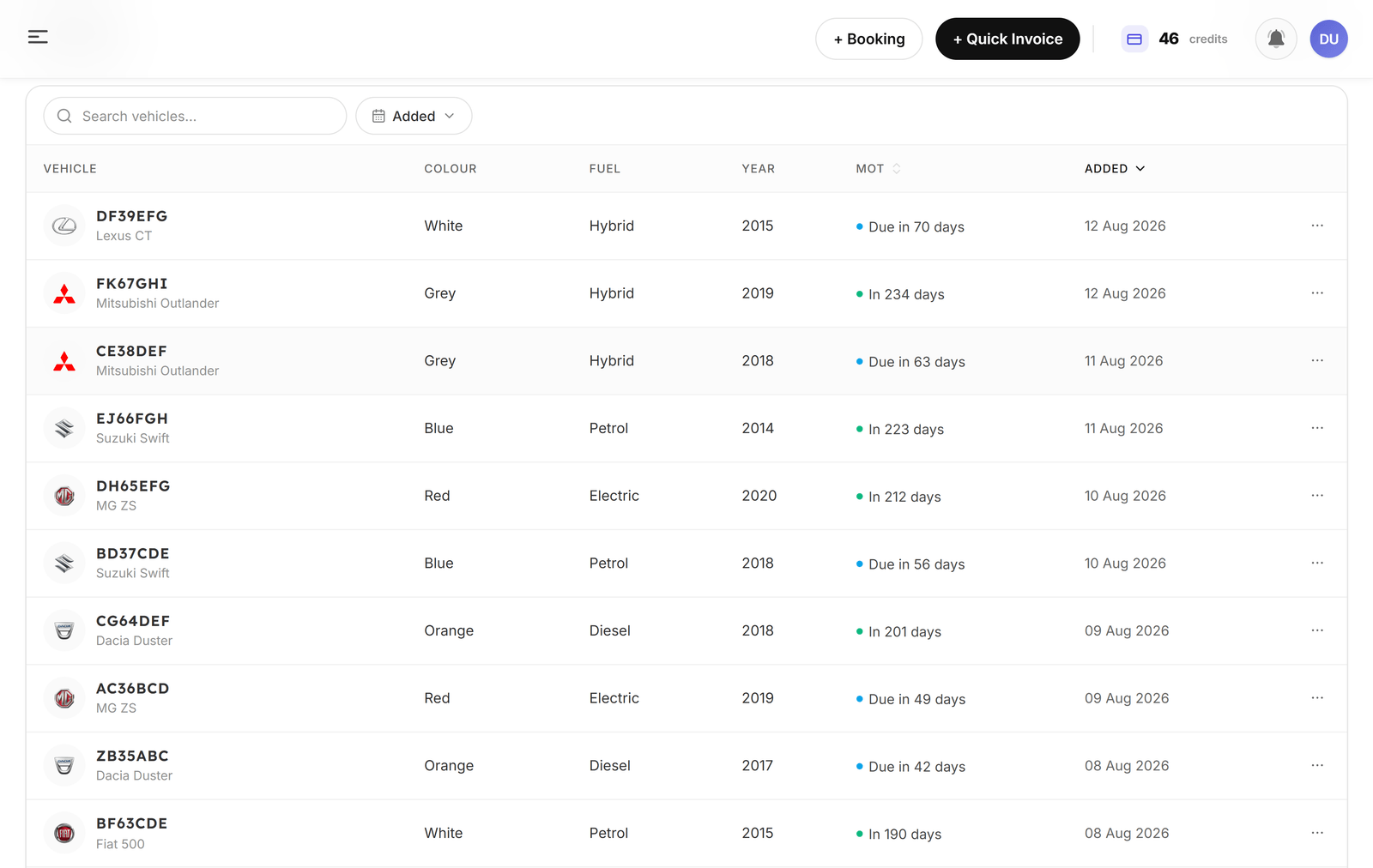 The Garage Shift vehicle list showing registrations, makes, models, fuel types and MOT expiry dates
