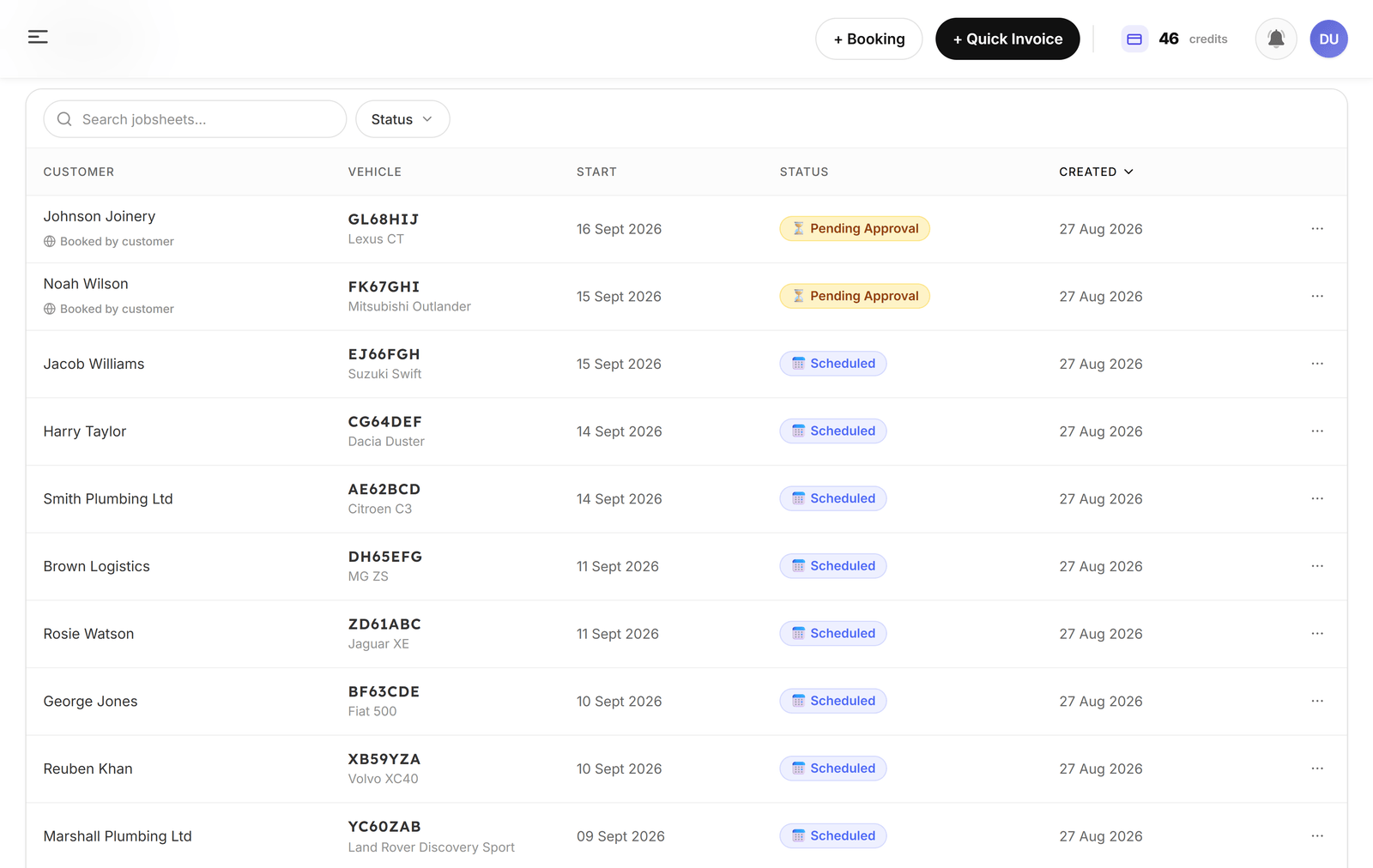 The Garage Shift jobsheets list showing customers, vehicles, start dates and job statuses