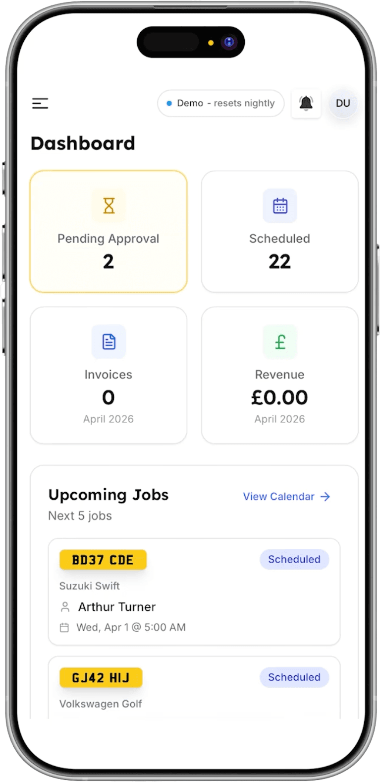 Garage Shift dashboard on a mobile phone