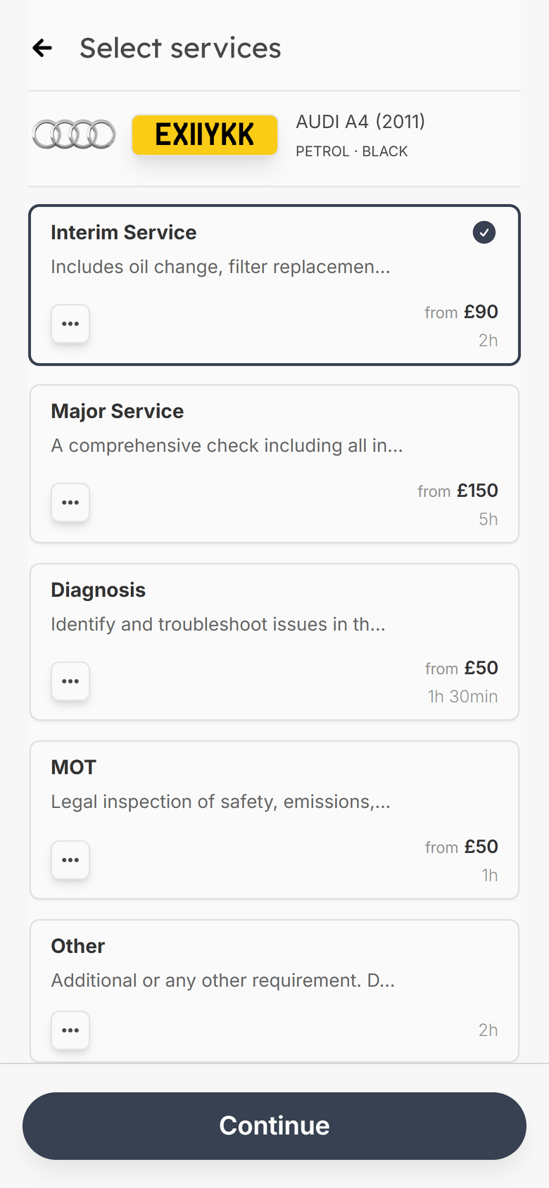 The Garage Shift booking page on a phone, showing the identified vehicle and a list of services with prices