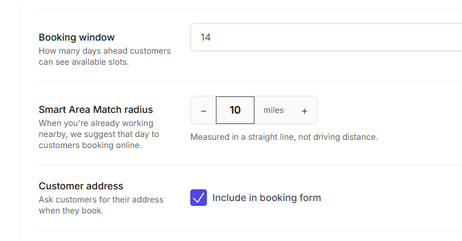 The Smart Area Match radius setting in Garage Shift booking settings, showing a miles stepper
