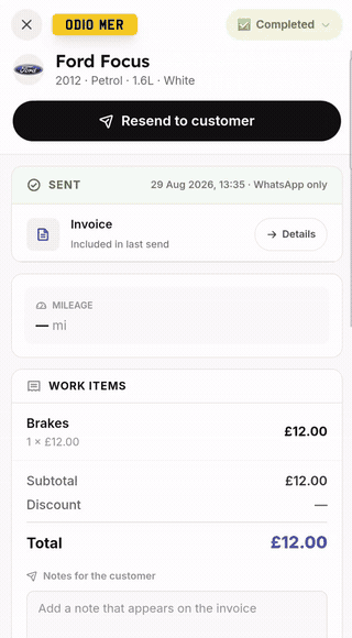 Tapping Send via WhatsApp on an invoice, which opens WhatsApp with the message ready to send